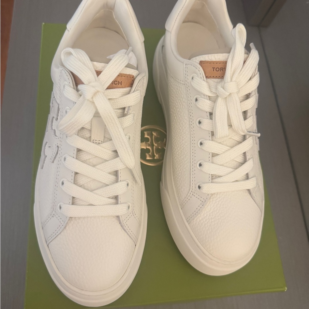 Tory Burch White Leather Lace-Up Trainers with Logo Accent